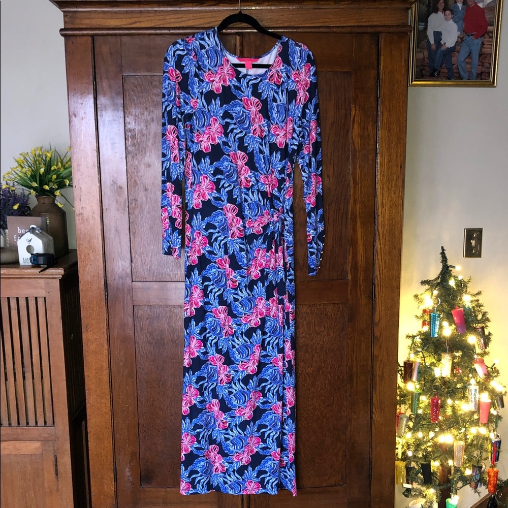 Lilly Pulitzer Bryson Maxi Dress Low Tide Navy It’s O-Fish-Ell Size Large
